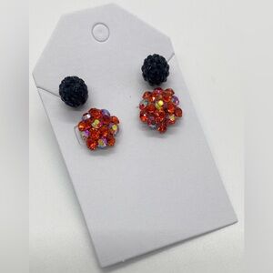 Black & Orange Red Rhinestone Bling Stud Earrings (2) Classic Preppy Party Retro